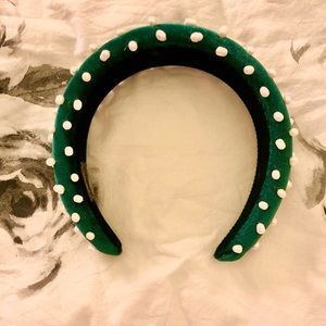 Hand-made Dark Green Velvet Hairband with White Pearls